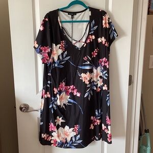 Black Floral V-Neck Dress with Pink & Blue Blooms